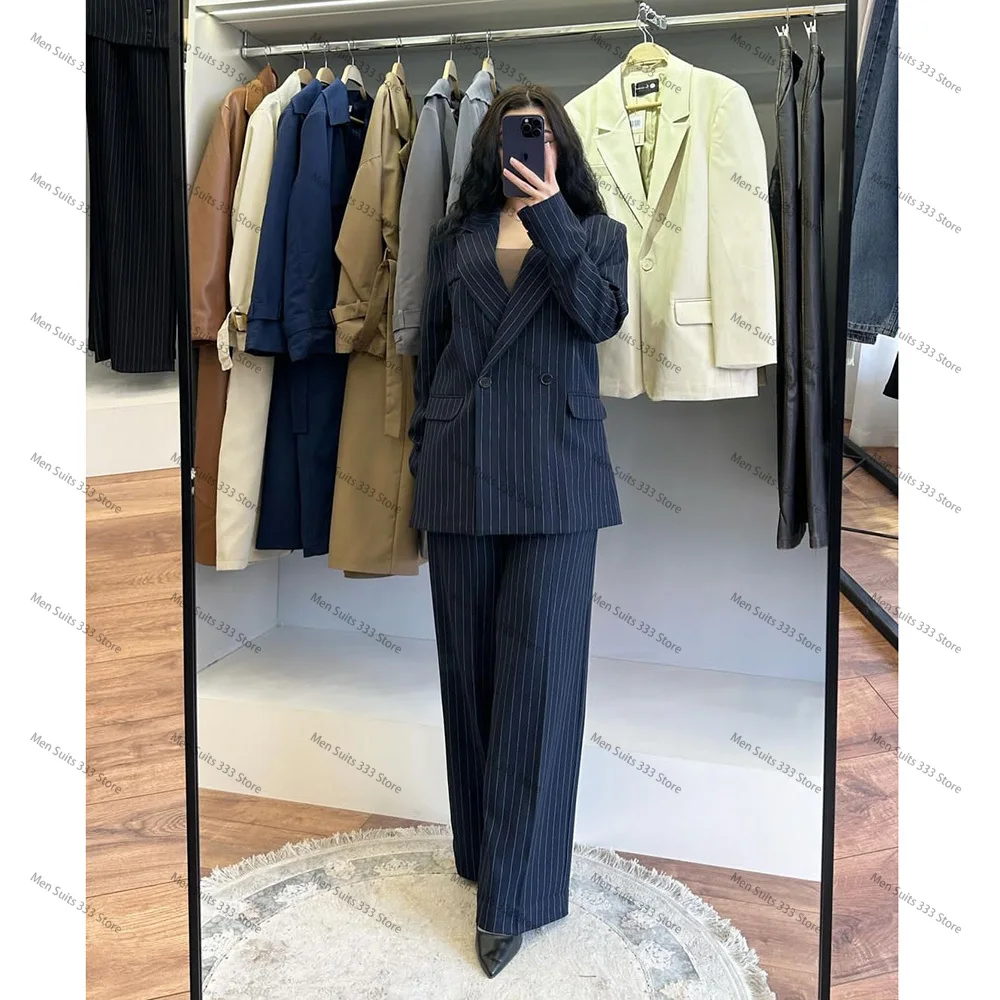 Double Breasted Navy Blue Stripe Suits for Women Tailor Business Office 2 Piece Jacket Pants Sets Blazer Luxury Female Clothing 4