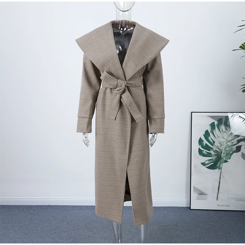 Solide Große Revers Gürtel Lange Woolen Frauen Mantel Elegante Volle Hülse Spitze Up Mantel 2025, Herbst Winter Wrap Stil Oberbekleidung – Detail 7
