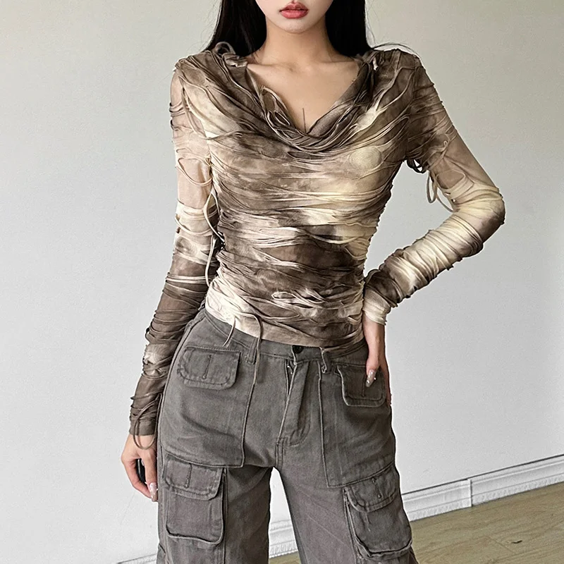 Wasteland Tops Mujer Y2K Ropa Tie Dye Estampado Rasgado Camiseta de Manga Larga con Capucha Ropa Cybercore de los 2000 Ropa Urbana