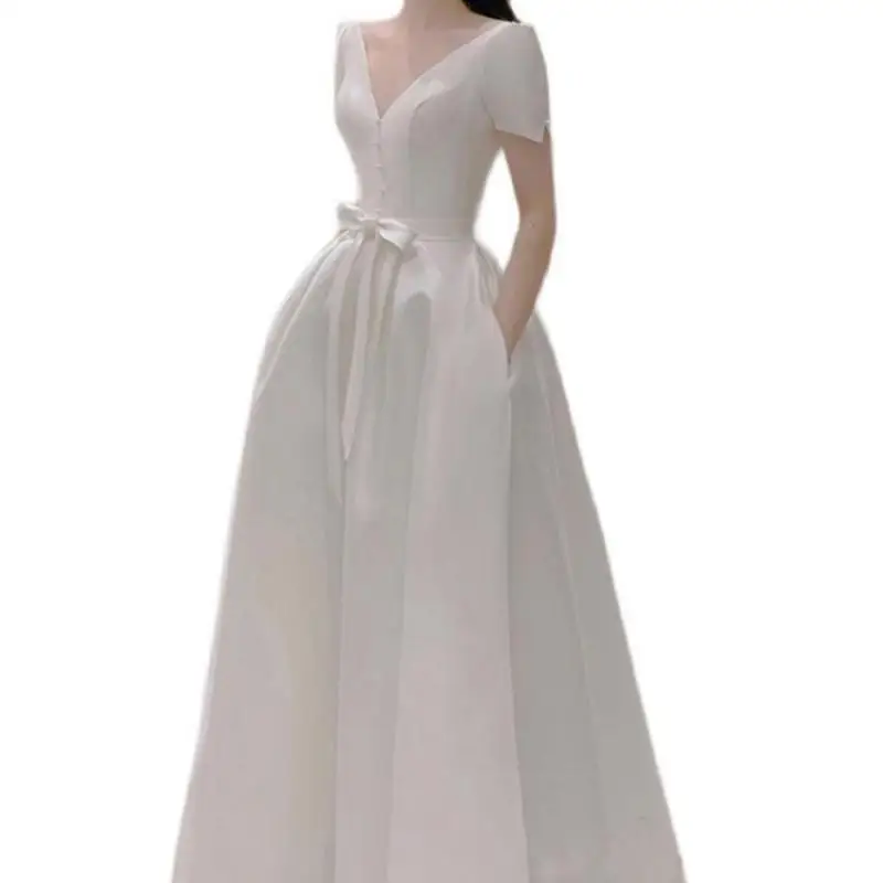 Classic V-neck Bridal Dresses 2024 New Satin Wedding Dress  With Sweet Bow Belt Simple Long A-line Evening Dress Customized 6