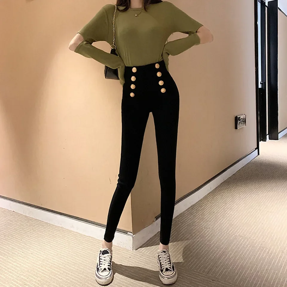 Fashion women's trousers Spring autumn new high-elastic double-breasted tight-fitting high-waisted slimming pants Women's pants 4