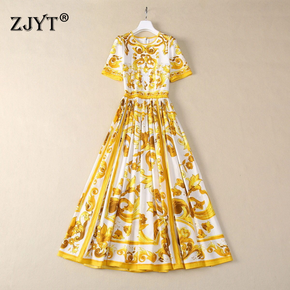 

ZJYT Fashion 2024 Runway Summer Long Dresses for Women Designer Short Sleeve Print Vintage Dress Yellow Elegant Holiday Vestidos