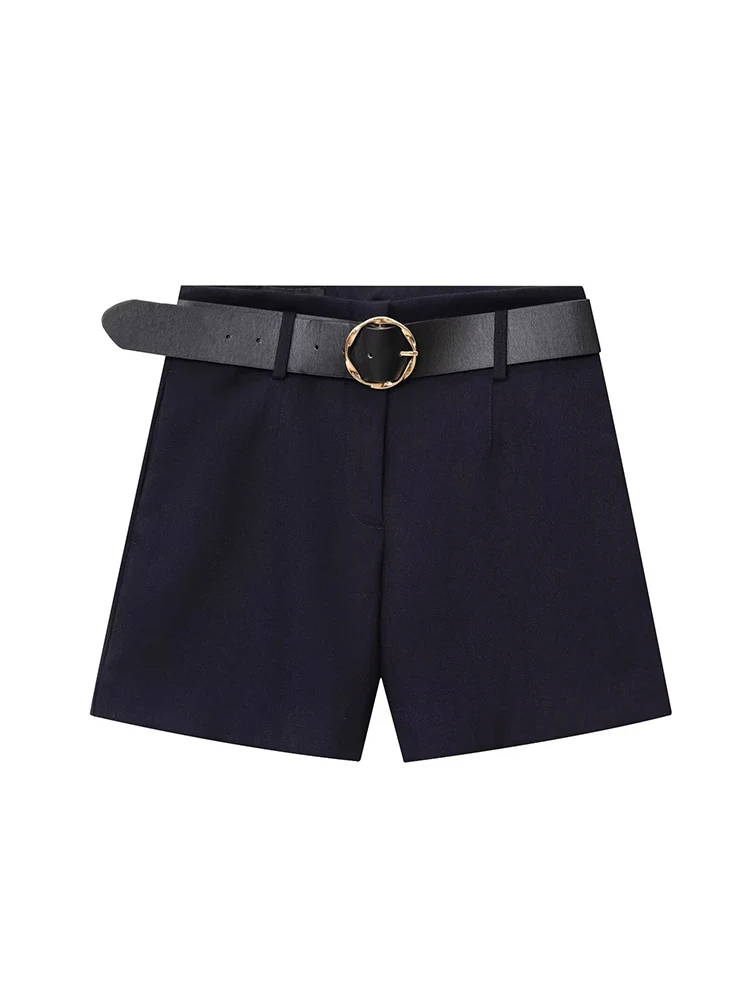 New Women's Solid Color PU Belt Shorts Set Elegant Round Neck Short Coat Wide Leg Short Pants Autumn 2025 Casual Women Clothing