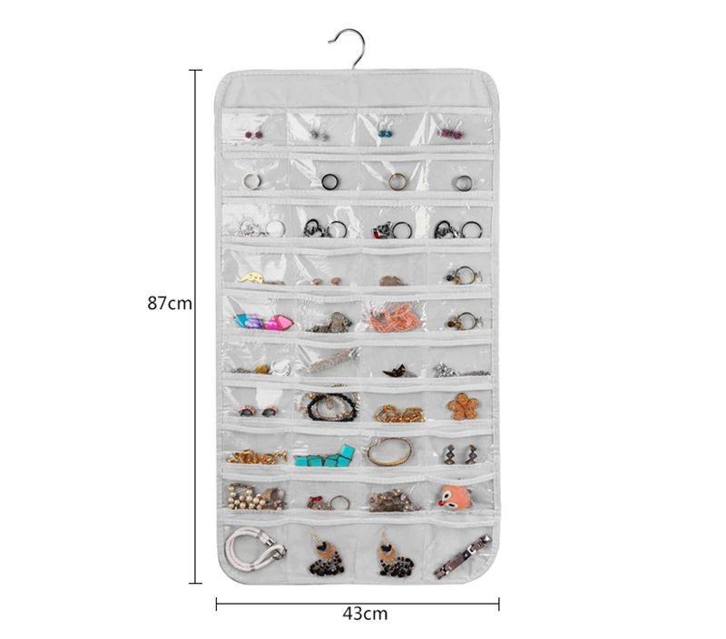Doppelseitige Aufbewahrungstasche zum Aufhängen von Schmuck mit 80 Fächern, Business-Mitgliedskarten-Organizer, Kleinigkeiten, Halsketten, Ohrringe, Aufbewahrungstasche – Detail 1