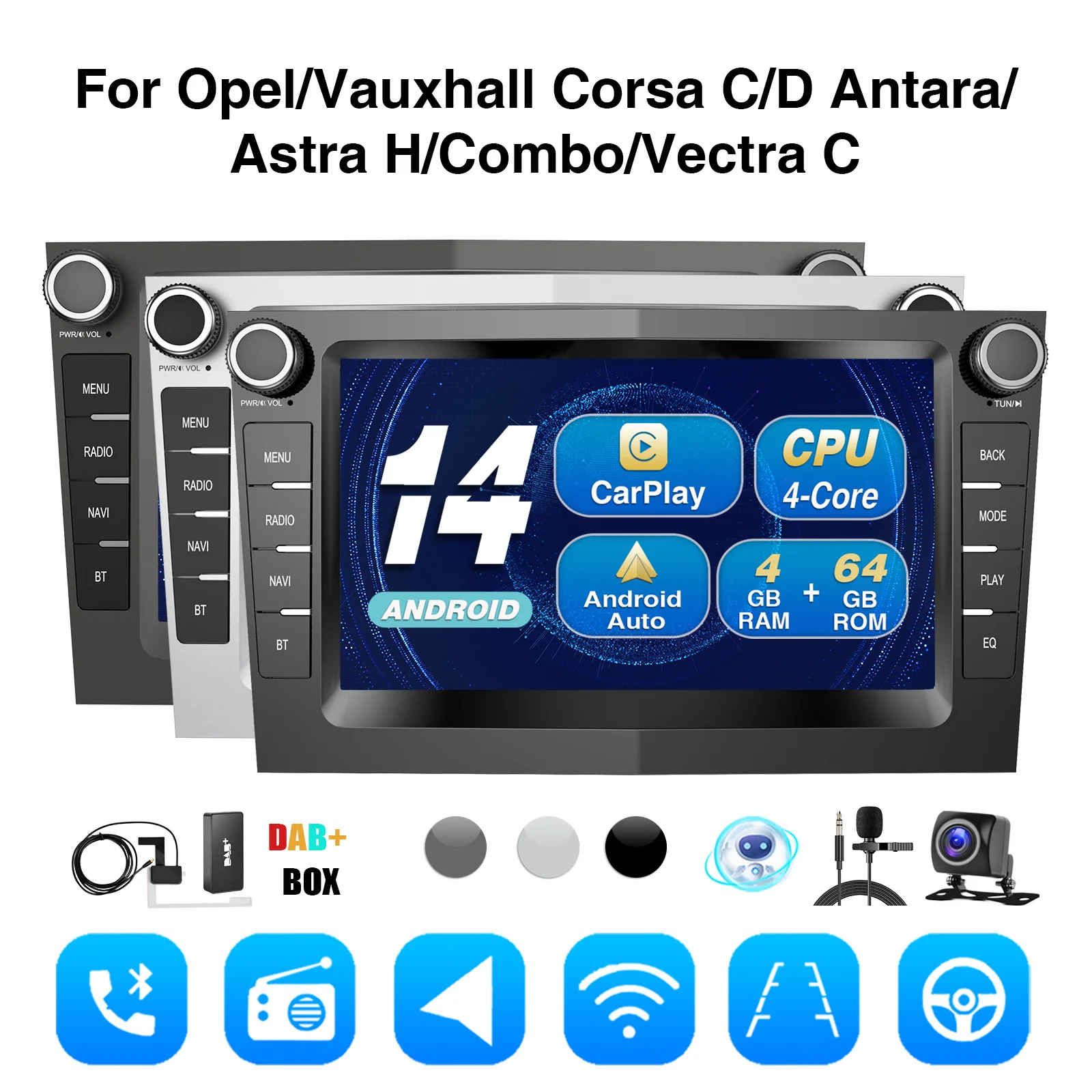Autoradio Android 14 Per Opel - 4GB+64GB, 7 Pollici, CarPlay, GPS, 4G, DAB+