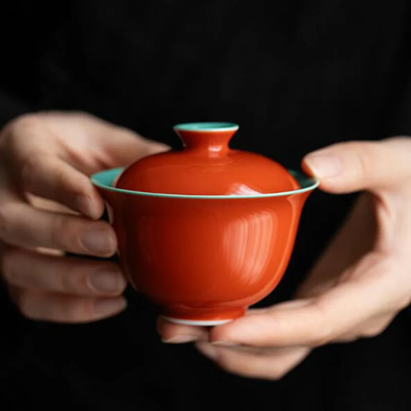 Forbidden City Red Porcelain Tea Tureen Kungfu Tea Cup Drinking Set Creative Gourd Shape Infuser Bowl