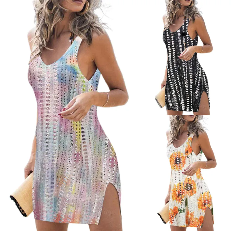 

Women Bikini Cover-Ups Sexy Sleeveless Cutout See-Through Blouse V Neck Tie Dye/Sunflower Print Mini Dress Beach Swimwears 2022