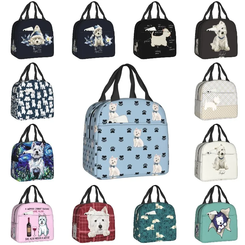 

West Highland White Terrier Paw Print Pattern Insulated Lunch Tote Bag Westie Dog Thermal Cooler Food Lunch Box Kids School
