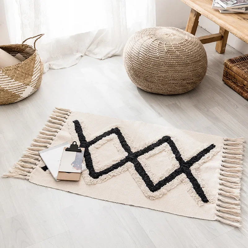 

Bohemia Rug Cotton and Linen Tassel Floor Mat Simple Bedroom Home Bedside Carpet Living Room Sofa Coffee Table Tufted Foot Mat
