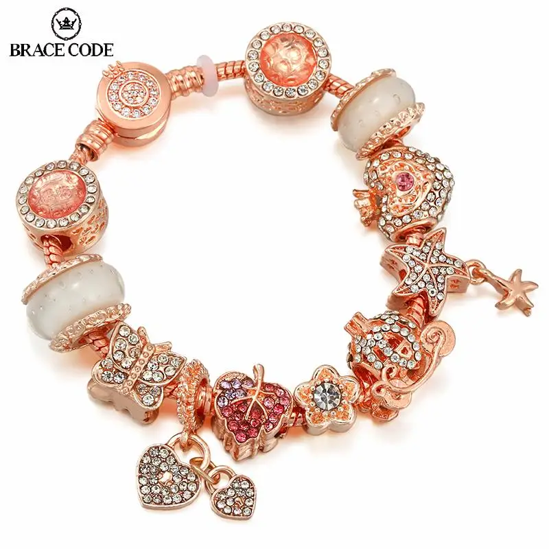 

Fashion Rose golden Butterfly heart Charm Bracelet With Zircon An crown Beads Bracelet For Women Party Jewelry Dropshipping