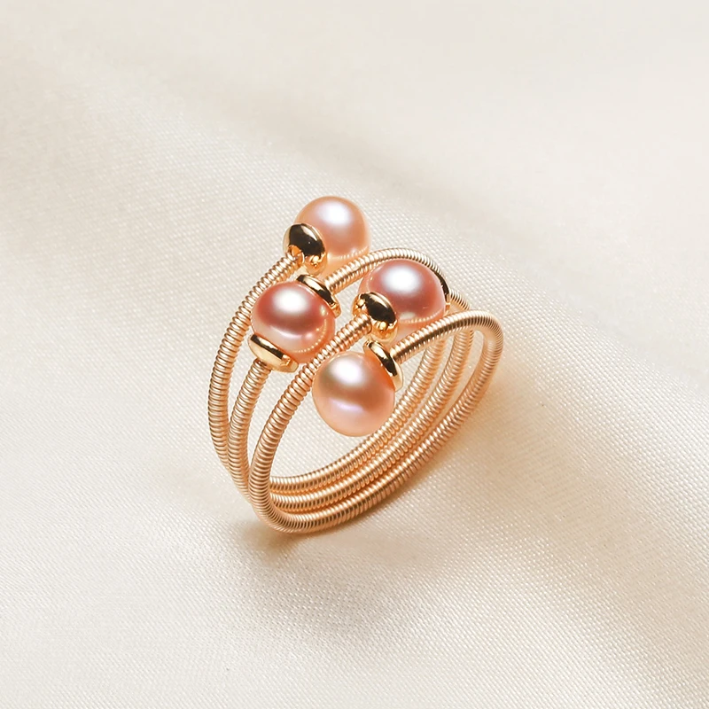 MULICHEN 4-5mm Freshwater Pearl Women's Ring Hand-wound Art Jewelry Copper Alloy 14K Gold Plated Open Ring Fashion Jewelry