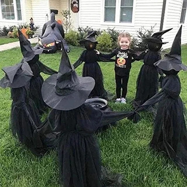 Sound-Activated Light-Up Witches Halloween Outdoor Decorations - Holding Hands and Screaming Witches with Stakes" - Image 4