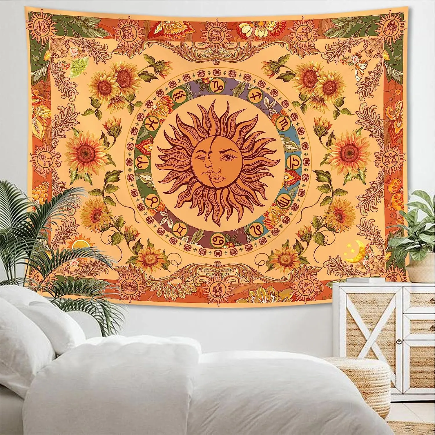 

Sun and Moon tapestry retro independent Bohemian wall hanging sunflower butterfly moth constellation aesthetic tapestry