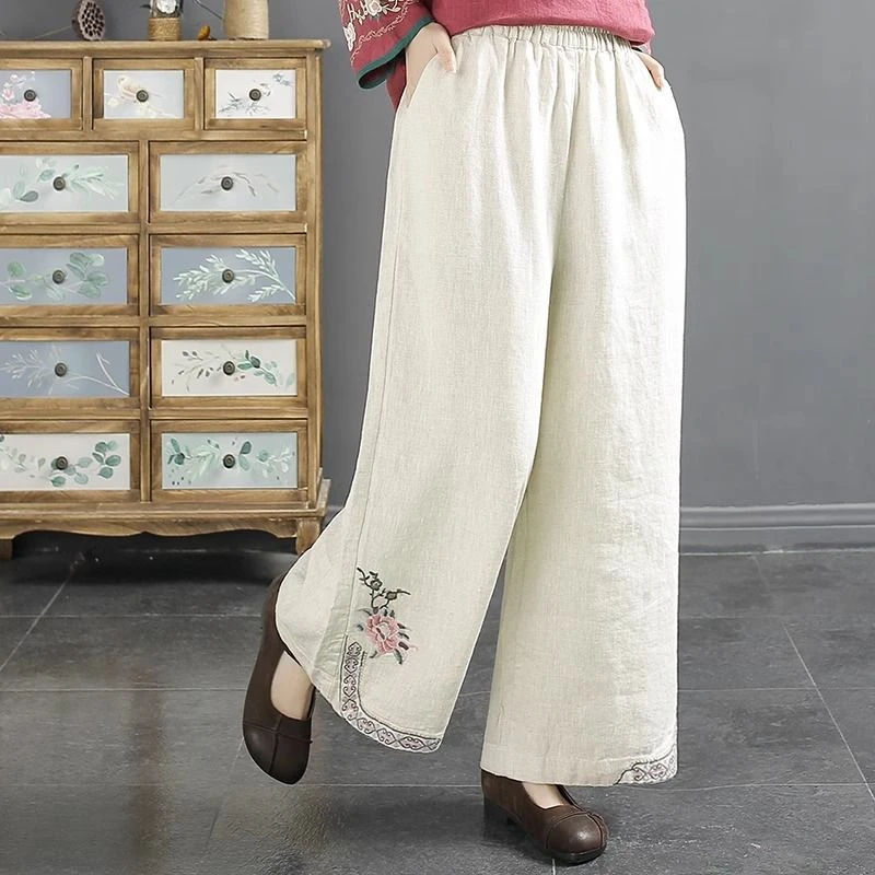 Literary and Artistic Chinese Style Retro Heavy Embroidery Women's Spring New Pocket Loose Cotton and Linen Straight Tube Pants