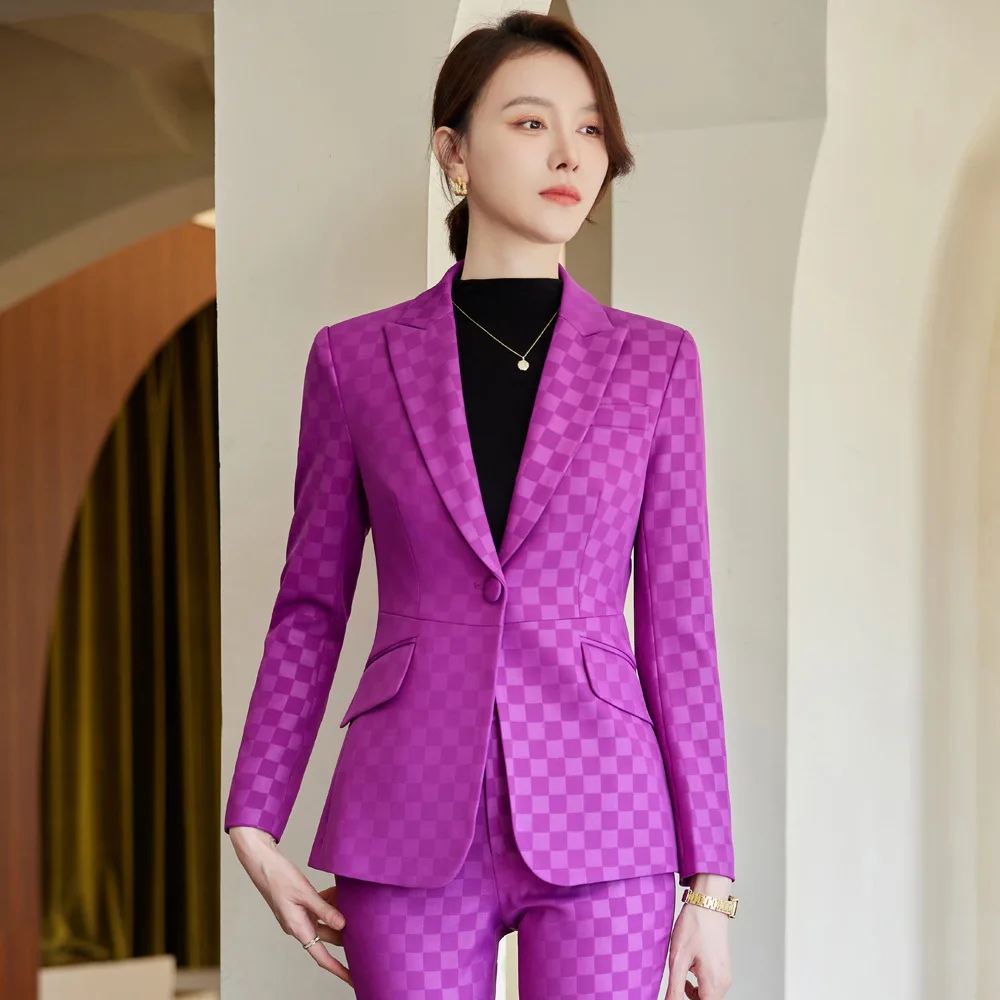 Tesco Formal Women Pantsuit Lapel Blazer Flare Pants Plaid Suit Set for Office Lady Women's Sets For Commuter Party blazer mujer