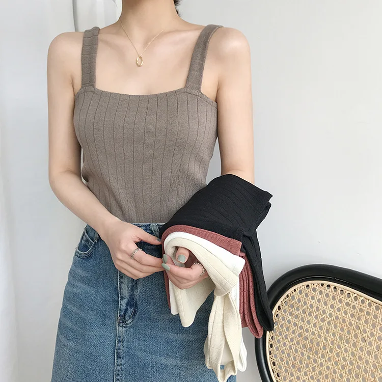 

Summer Knitted Suspender with Bottom Layer Undertop Women's Short Flat Top Sleeveless Vest Women Casual Slim Shirts Female Cloth