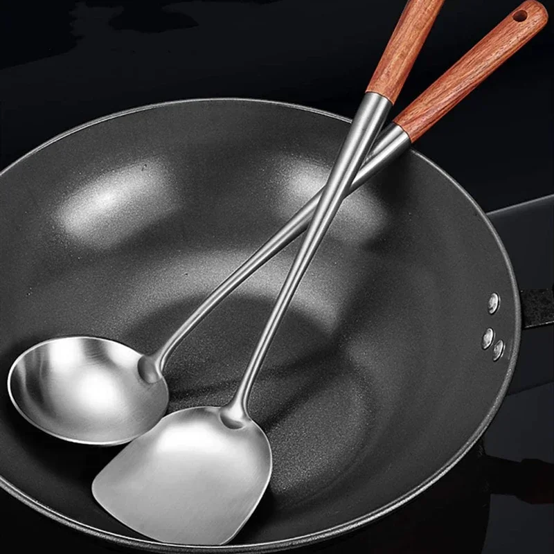 304 Stainless Steel Long Handle Wok Spatula, Spoon Colander, Kitchen Cooking Utensil Set, Safety Anti-Scalding, Does Not Rust