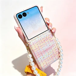 Luxury Colorful Woven Texture Phone Case with Pearl Chain - Shockproof Protection Cover for Galaxy Z Flip 8 (Colorful)