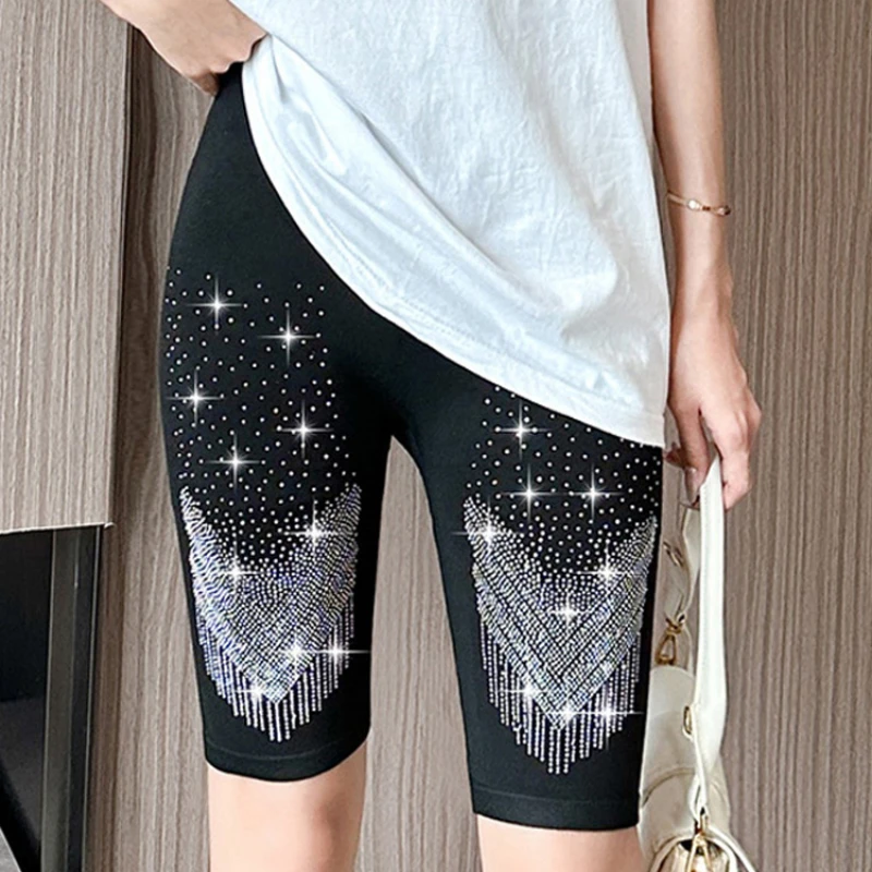 Summer New Trendy Rhinestone Cycling Shorts Women's Black Modal Knee Length Short Leggings Slim Skinny Gothic Punk Sport Shorts