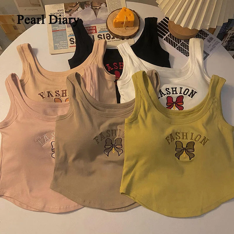 

Pearl Diary Y2K Women Top Sexy Irregular Camis With Bra Pad Bowknot Letter Printed Tank Tops Cute Crop Tops For Women Running To