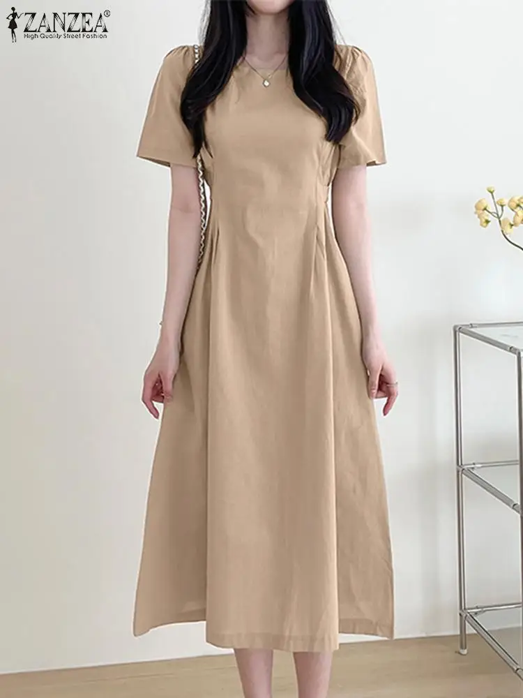 

ZANZEA Women Summer Solid Dresses Elegant Office Sundress O Neck Puff Sleeve Vestido Causal Holiday Dress Femme Work Robe Katfan