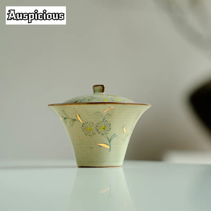 120ml Outline in Gold Tea Bowl Hand-painted Small Daisies Gaiwan Retro Tea Tureen Making Cover Bowl Ceremony Gift Kettle