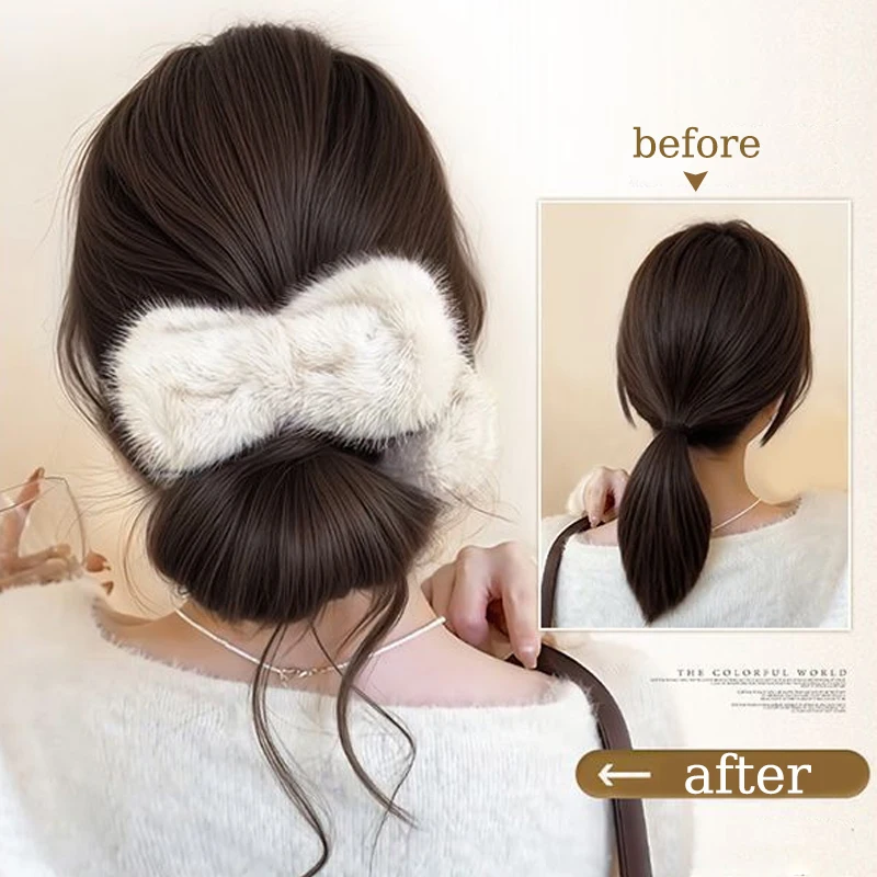 Claw Clip Hair Bun Extensions Wig Synthetic Messy Updo Hair with Duckbill Clip Plush Bow Hair Accessories for Winter Women Hair