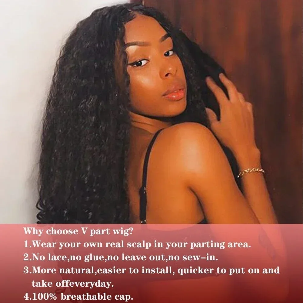 Afro Kinky Straight V Part Wigs with Bouncy Curls Short Synthetic Glueless Wigs for Black Women No Leave Out Clip in Half Wigs 5