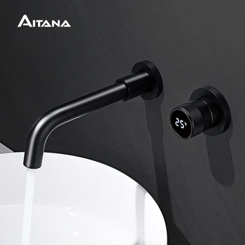 Rubinetto da bagno in ottone nero nascosto display digitale intelligente design maniglia singola rubinetto per lavabo a doppio controllo freddo e caldo a 2 fori 1