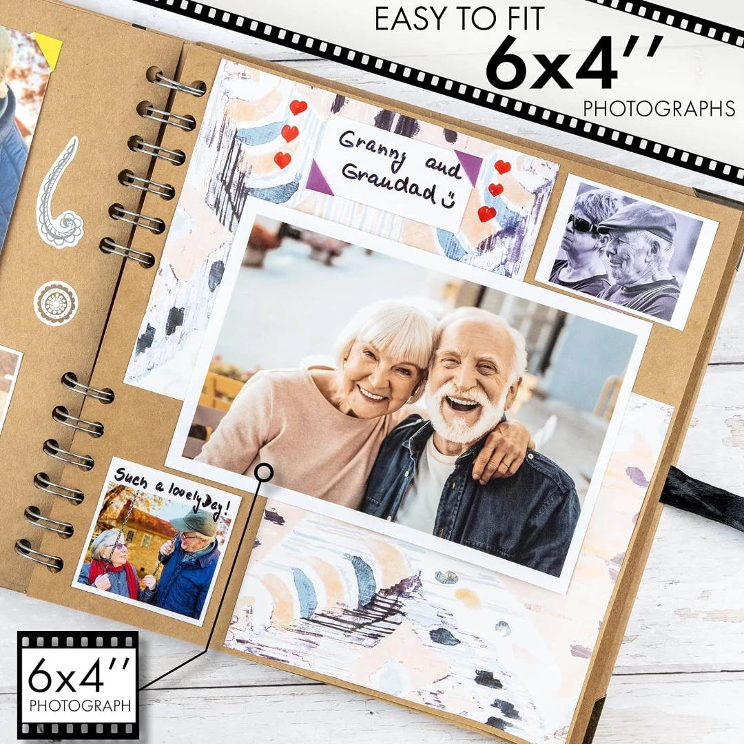 스크랩북 앨범 60페이지 (8 x 8인치) 검정색 두꺼운 180gsm 크라프트지, 모서리 보호대 - 스크랩북, 리본 잠금