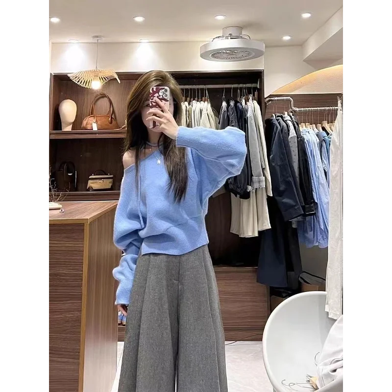 Sweet Knitted Woolen Sweater with Fce Brued Hem Wide Collar  Knot Long Sve round Ne Regular Thin Winter