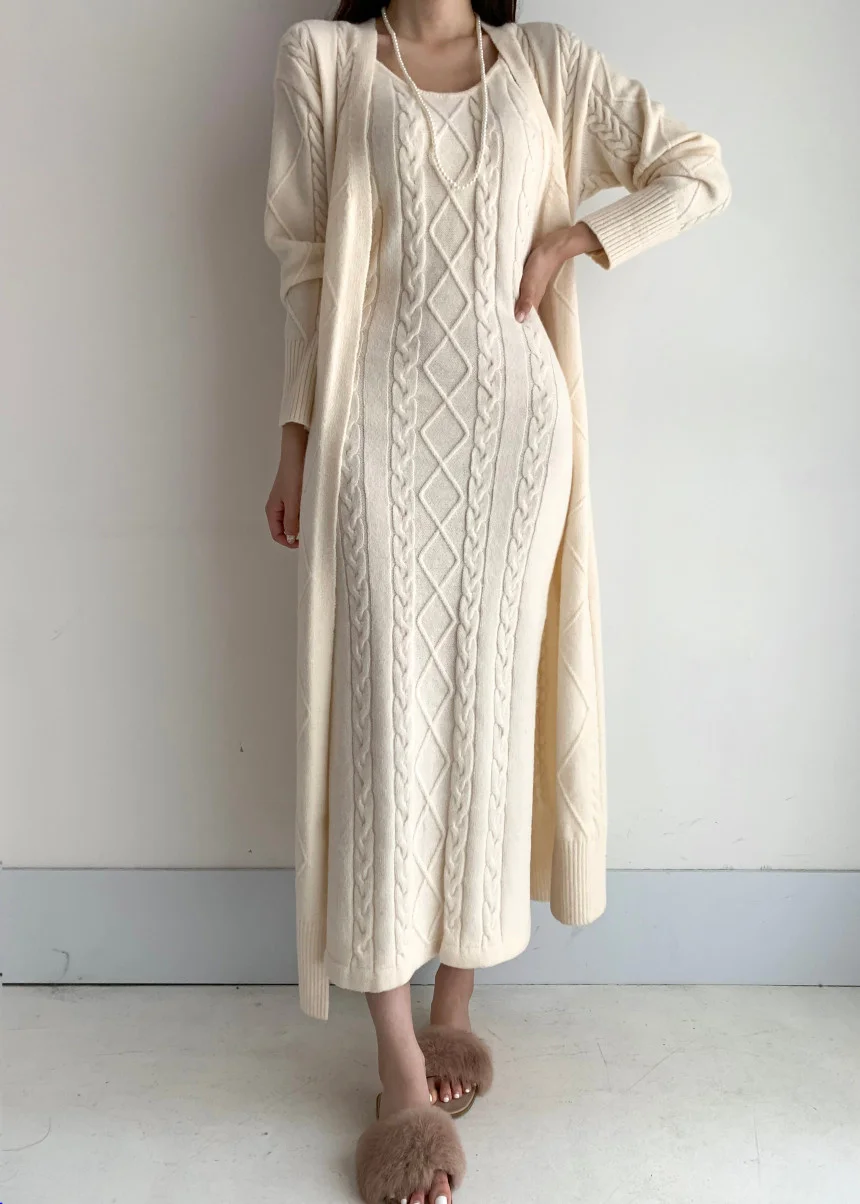 Elegant Fall Winter Thick Knitted 2 Piece Set Women Twist Long Cardigan Sweater Coat +Sleeveless Long Dress Suit Ensemble Femme