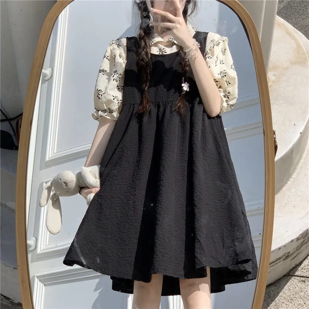 

Женская одежда, рубашки с милым принтом, модный костюм из двух предметов с коротким рукавом, летняя юбка-трапеция в стиле преппи, новинка 2024, черные платья