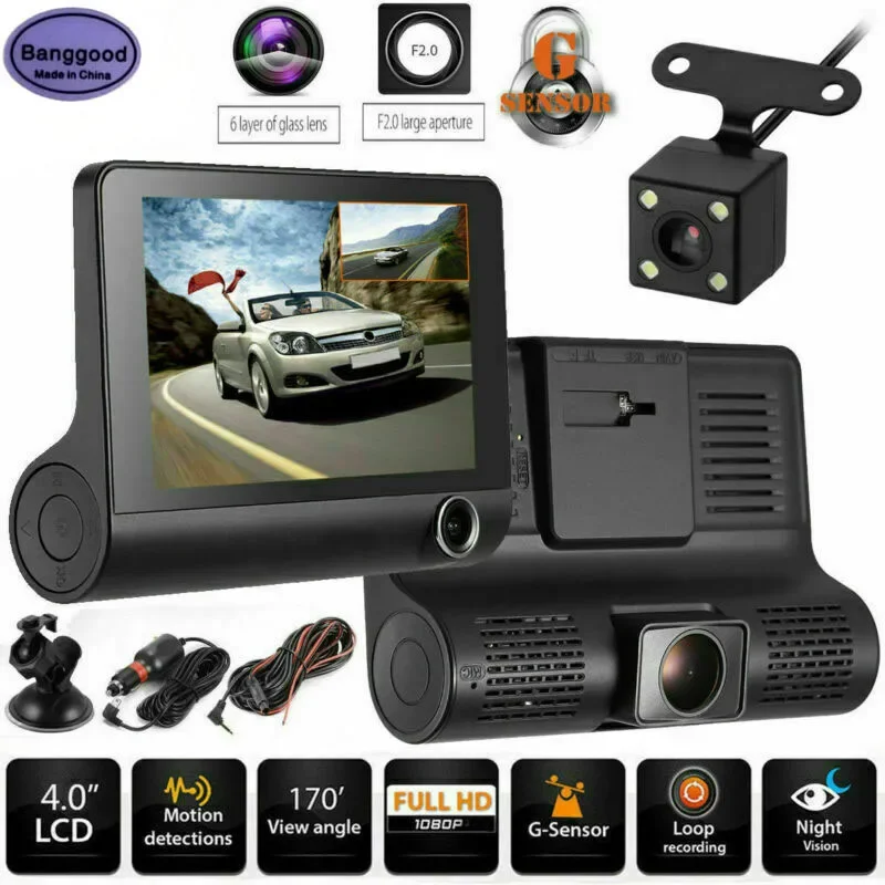 Banggood E33 4-Inch Car Dash Camera LCD High Definition 1080P 32GB 3 Lens Vehicle DVR Driving Video Recorder Rearview Dashcamera