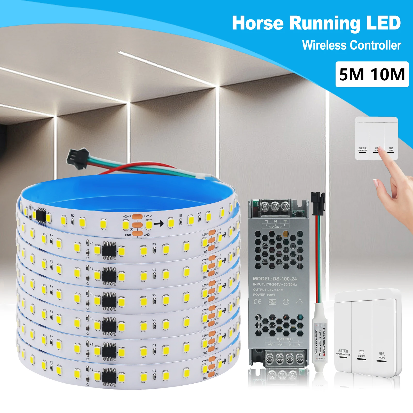 

24V WS2811 Tape Running Water LED Strip 120LEDs/m Chasing Light Horse Racing LED Strip with Wireless Controller Power Supply