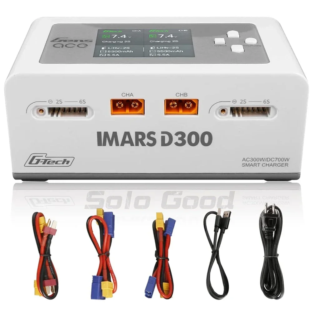 

Gens Ace Lipo Battery Charger IMARS D300 G-Tech Series Smart Dual Lipo Charger 16A AC 300W DC 700W Lipo Charge