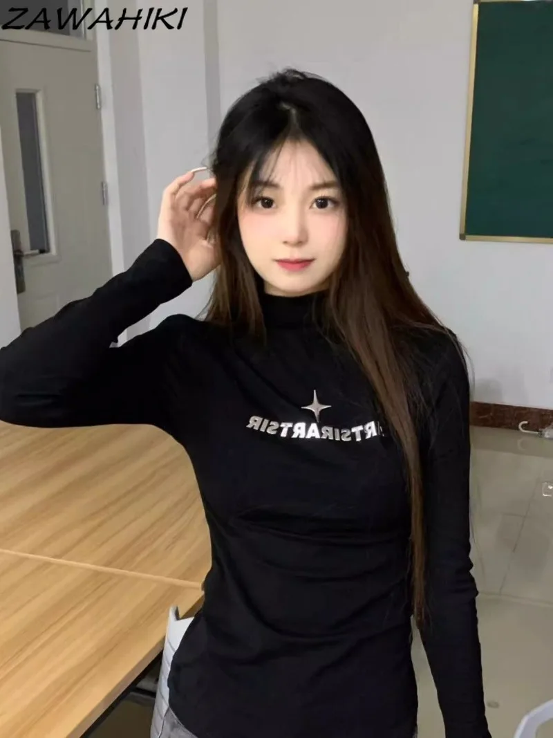 

T-shirts for Women Long Sleeve Slim Letter Print Mock Neck Y2K Aesthetic Fashion Crop Top Sweet Vintage All Match Ropa Mujer