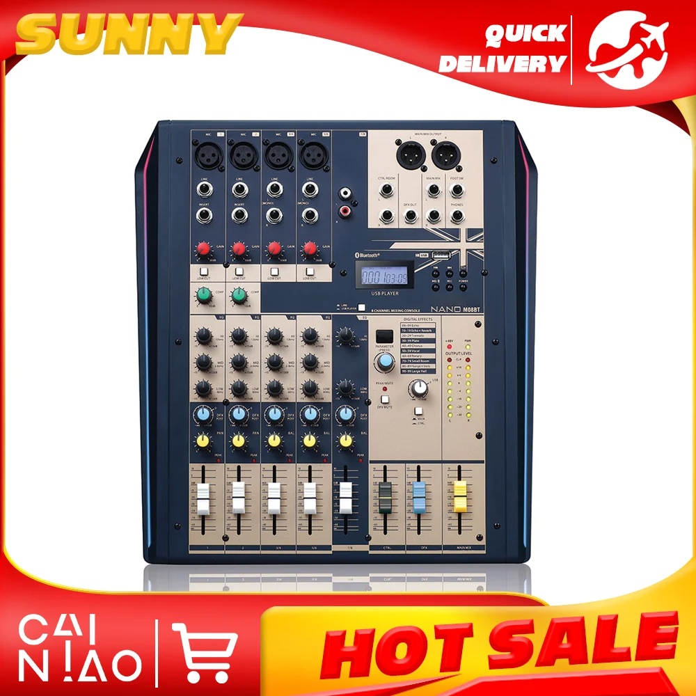 Nano M08BT Compact analogue 8 channel mixing console with with 4 Mic inputs 3 Stereo inputs Bluetooth USB audio interface