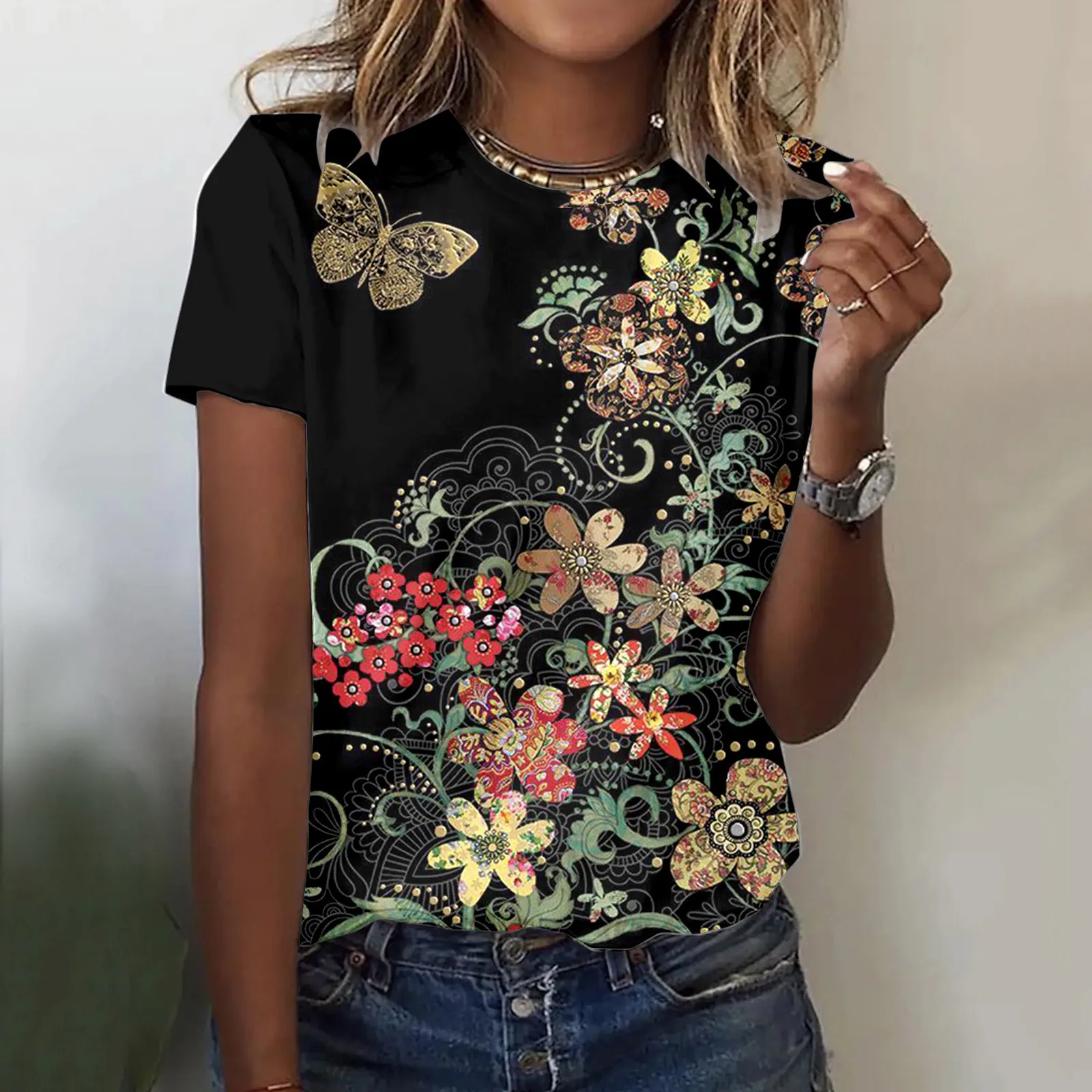 

2022 Summer New Women's Fashion Trendy Brand Round Neck Short sleeved Top 3D Printed Butterfly Pattern Loose Casual T-shirt