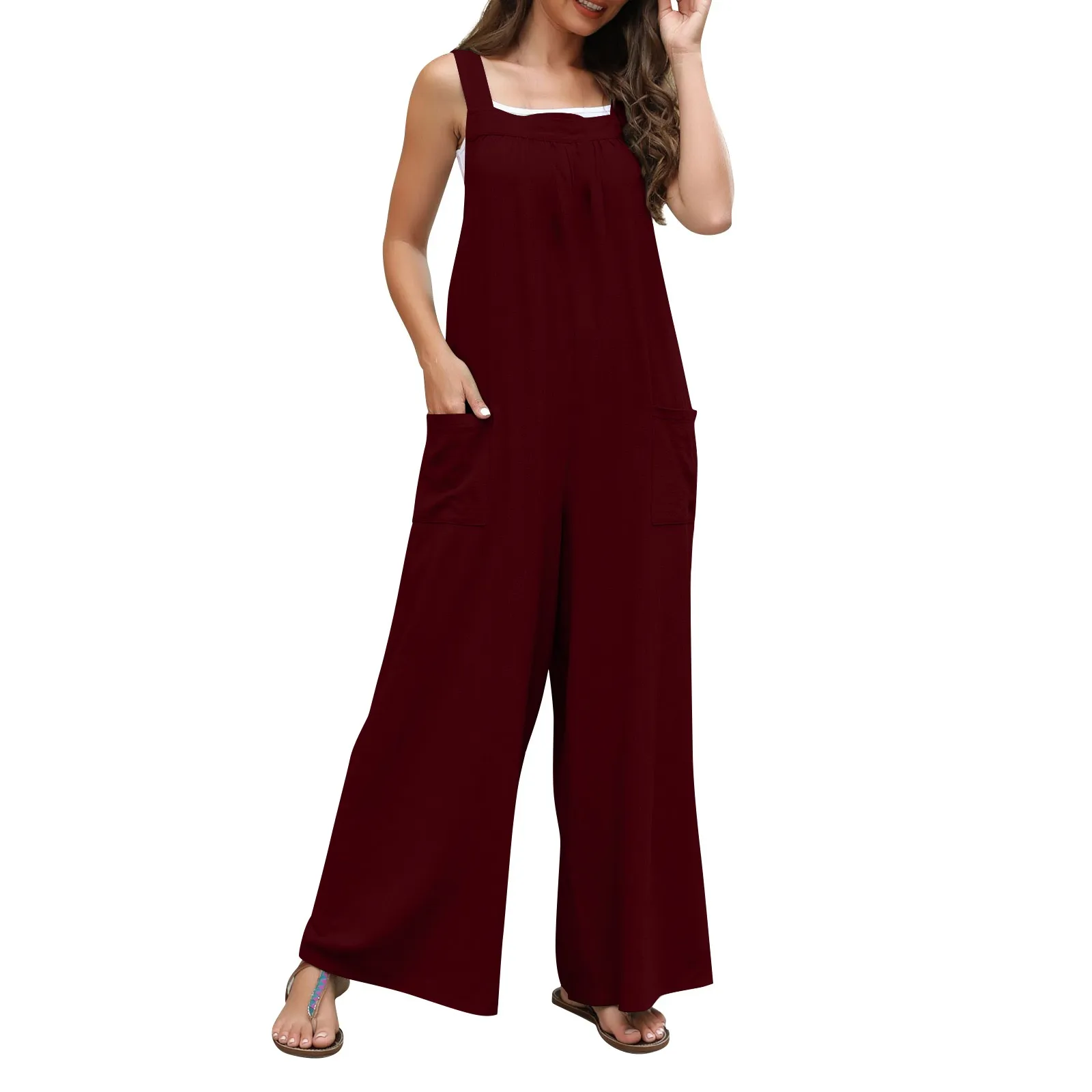 

Women'S Fashion Solid Color Loose Pocket Casual Long Wide Leg Shoulder Strap Jumpsuit Korean Reviews Many Clothes женская одежда