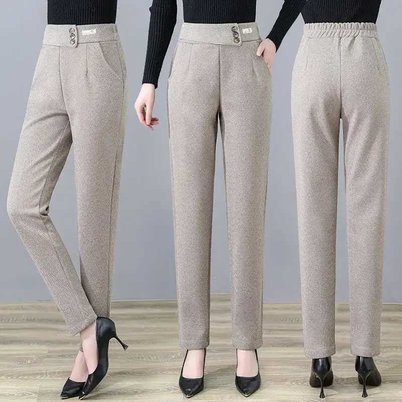 New Woollen Trousers Women Autumn Winter Fleece-Lined Herringbone Pattern High Waist Loose Casual Pants for Women