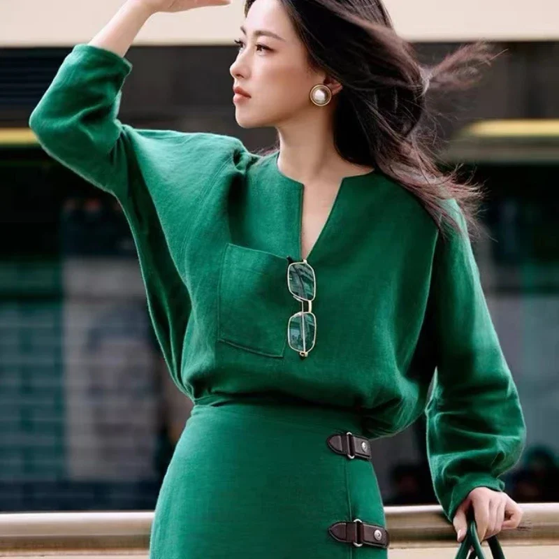 

2023 New Autumn Green Pocket Women Shirt Top / High Waist Skirt