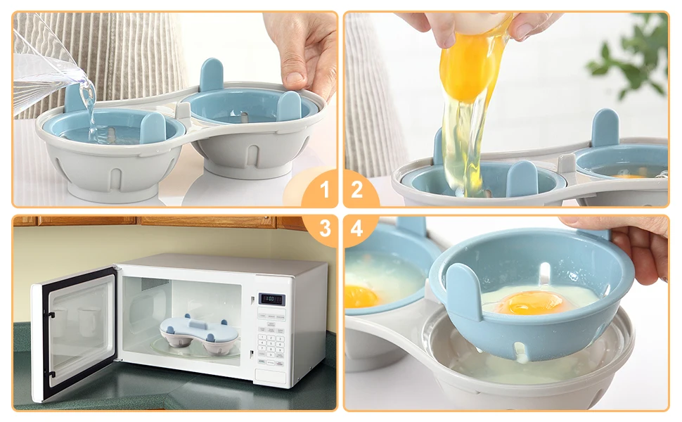 Description Picture 3 of itemMicrowavable Egg Poacher 2 Cavity Egg Cooker with Lid Double Drain Poached Egg Cup Steamer Kitchen Cooking Gadget Tools