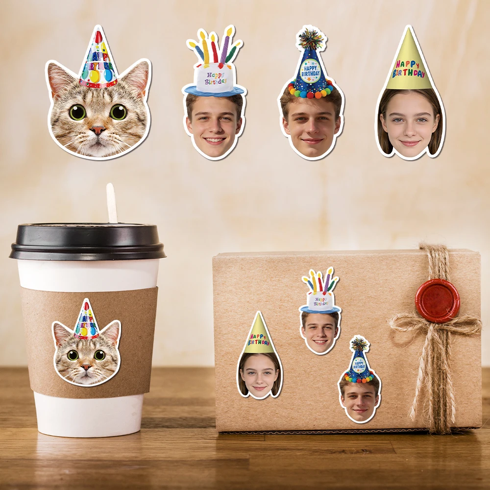 20 Stück personalisierte Fotoaufkleber mit Geburtstagshut-Muster, individuelle Gesichtsfotoaufkleber, Geburtstagsgeschenk, Partyzubehör für alles Gute zum Geburtstag – Detail 7