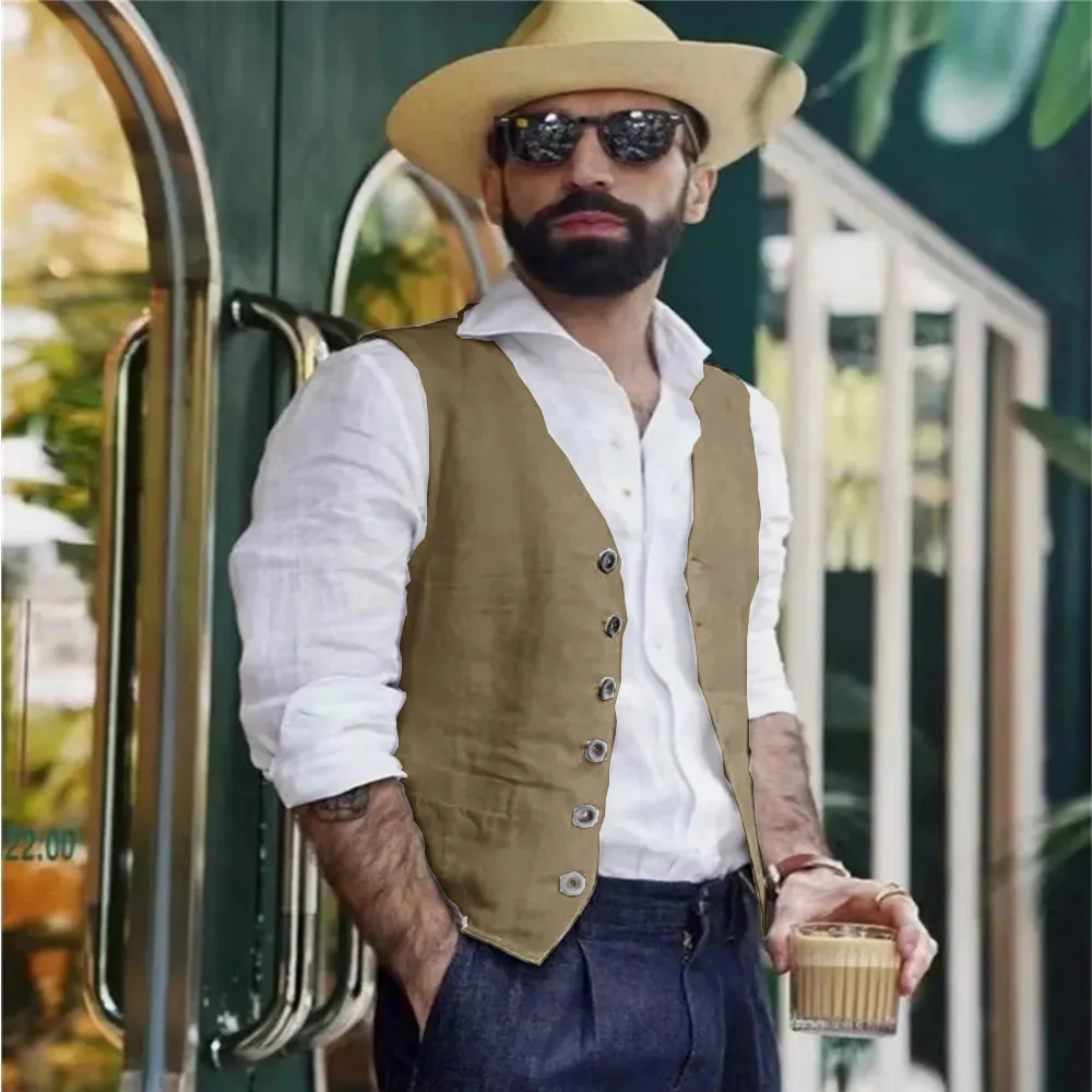 Men vest sleeveless summer linen slim fit button suits waistcoat formal wedding dress gilet dress vests