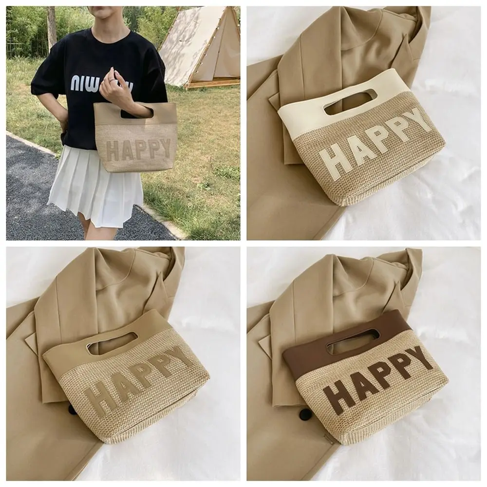 

Reusable Casual Straw Woven Tote Bag Elegant Large Capacity Leather Handbag Bohemian Letter Beach Bag