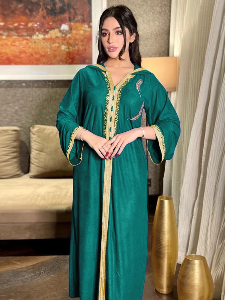 

Ramadan Eid Muslim Women Dianmond Dress Hooded Abaya Dubai Turkey Long Dresses Vestidos Abayas Arabic Kaftan Robe Longue 2023