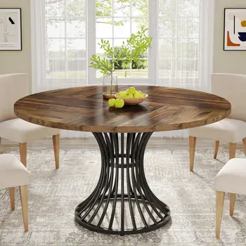 Tribesigns Round Dining Table for 4-6 People, 47-Inch Farmhouse Dinning Room Table Circle Kitchen Table, Industrial Dinner Table 2