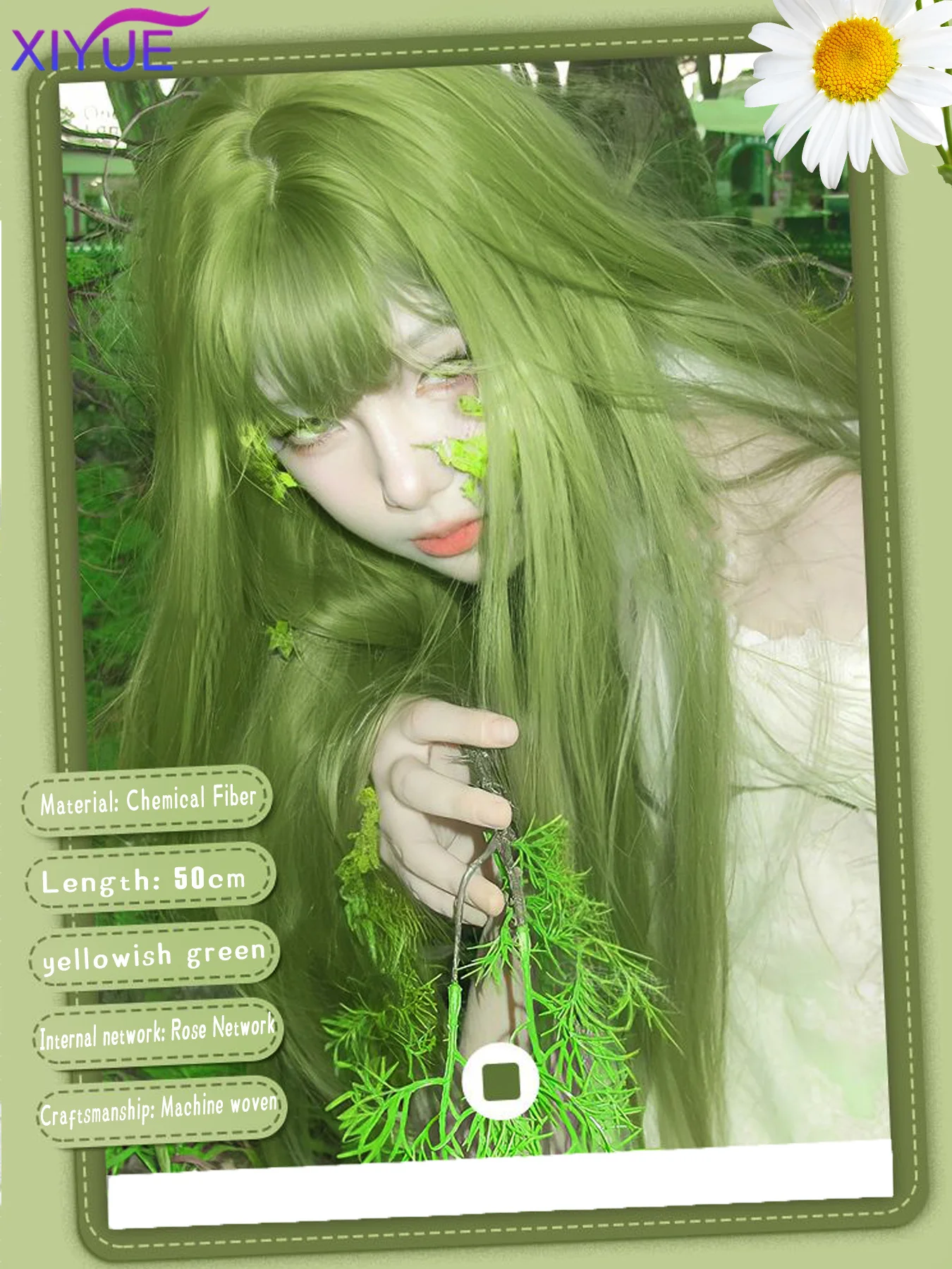 XIYUE Synthetic Cosplay Wig With Bangs Synthetic Straight Hair 20 Inch Long Heat-Resistant Fruit Green Wig For Women