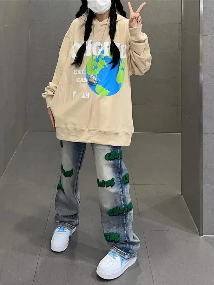 Feynzz High Street Style Hiphop Flocking Jeans Autumn Wide-leg Pants For Men And Women High Waist Embroidery  Jeans Fashion